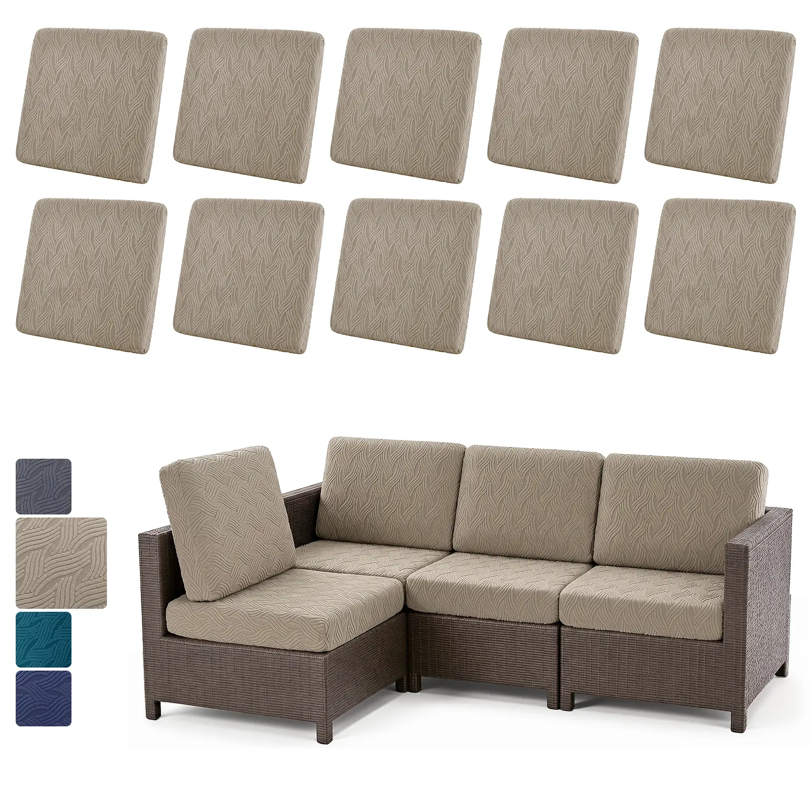 LOKHOM 10 Cushion Covers, Stretch Polyester-Blend (20% Spandex) Chair Sofa Protectors with Elastic Bottom, Sun Protection Waterproof All-Season Slipcovers, Fits 19-26" for Indoors/Outdoors Outdoor Area Coordinated Look