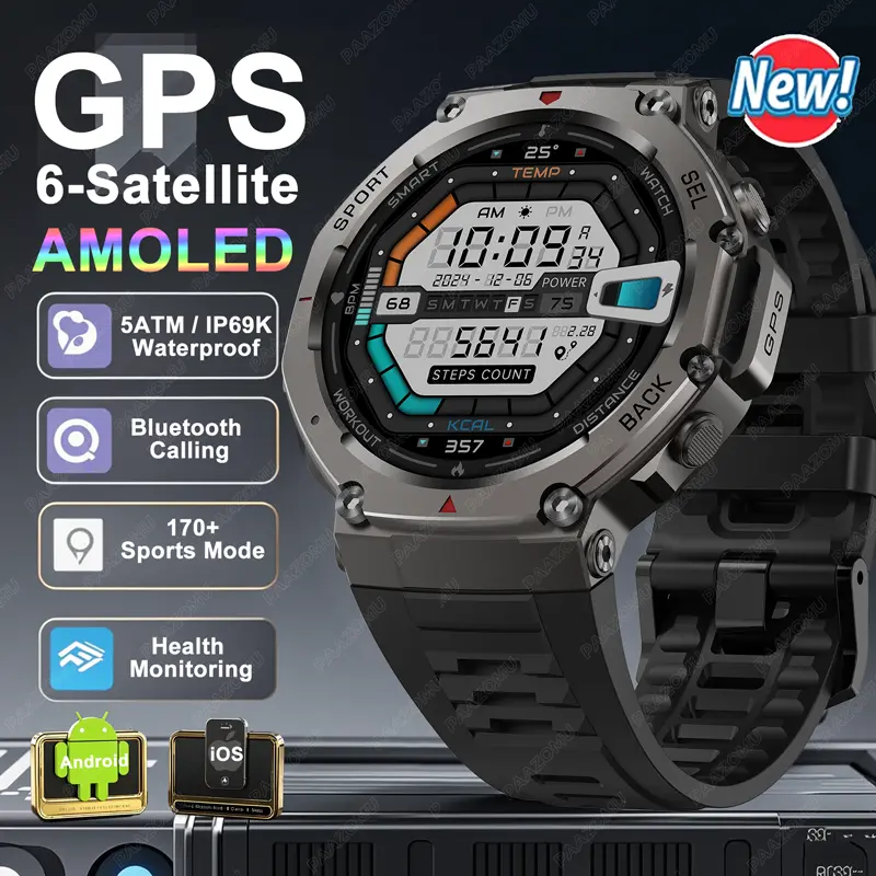 2025 New Men's GPS Smart Wristwatch - 5ATM Water Resistant, 1.43'' AMOLED Touchscreen, BT Calling, Stainless Steel, Android Compatible, Compass, Altimeter, Barometer, 6-in-1 Sports Wearable, Health Monitoring for AMAZFIT T-Rex 3