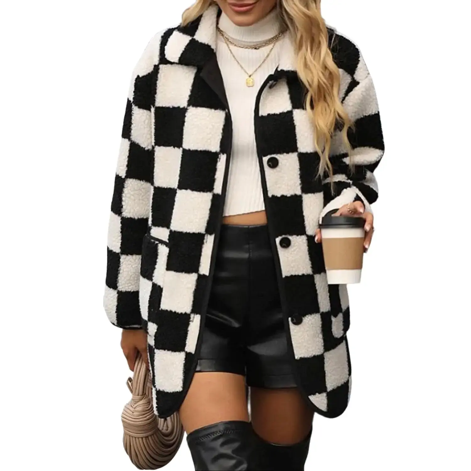 Black Checkered Side Pockets Collared Buttoned Fleece Jacket