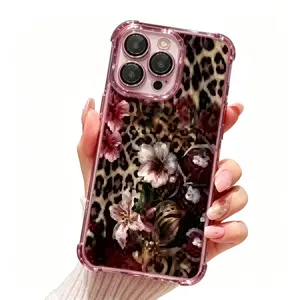 A cheetah cherry blossom pattern iphone case, with shockproof transparent soft corners, anti-slip and drop protection, camera protection, compatible with iPhone 17, 16, 15, 14, 13, 12, 11, X, XS, XS Max. An ideal birthday gift for both men and women.