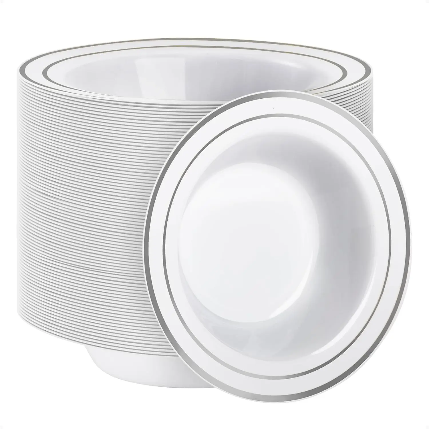 100 Pack Plastic Bowls with Silver Rim | 12oz Disposable Soup Bowls, Heavy Duty Dessert Bowls for Weddings, Parties, Dinners, Catering, and Everyday Use