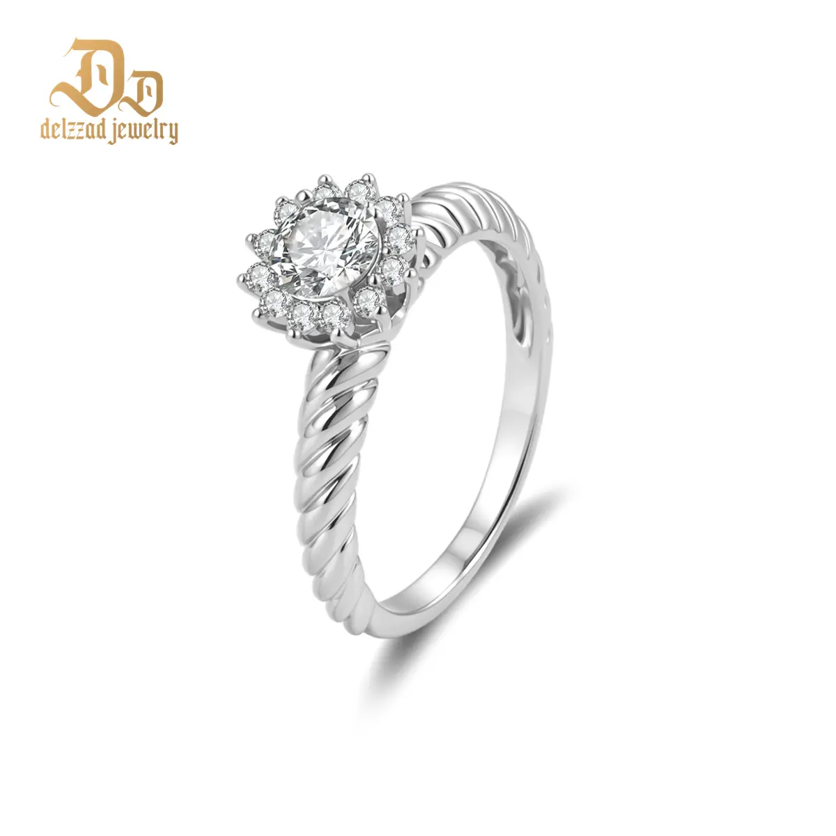 Delzzad 14K Gold-Plated 0.6ct Eternal Sunburst Ring Flower Halo Engagement Ring Twisted Band Classic Rope Halo Ring VVS Synthetic Moissanite Ring Jewelry Copper Band Perfect Birthday Engagement Wedding Anniversary Christmas Valentine's Day Mother's Day Gi