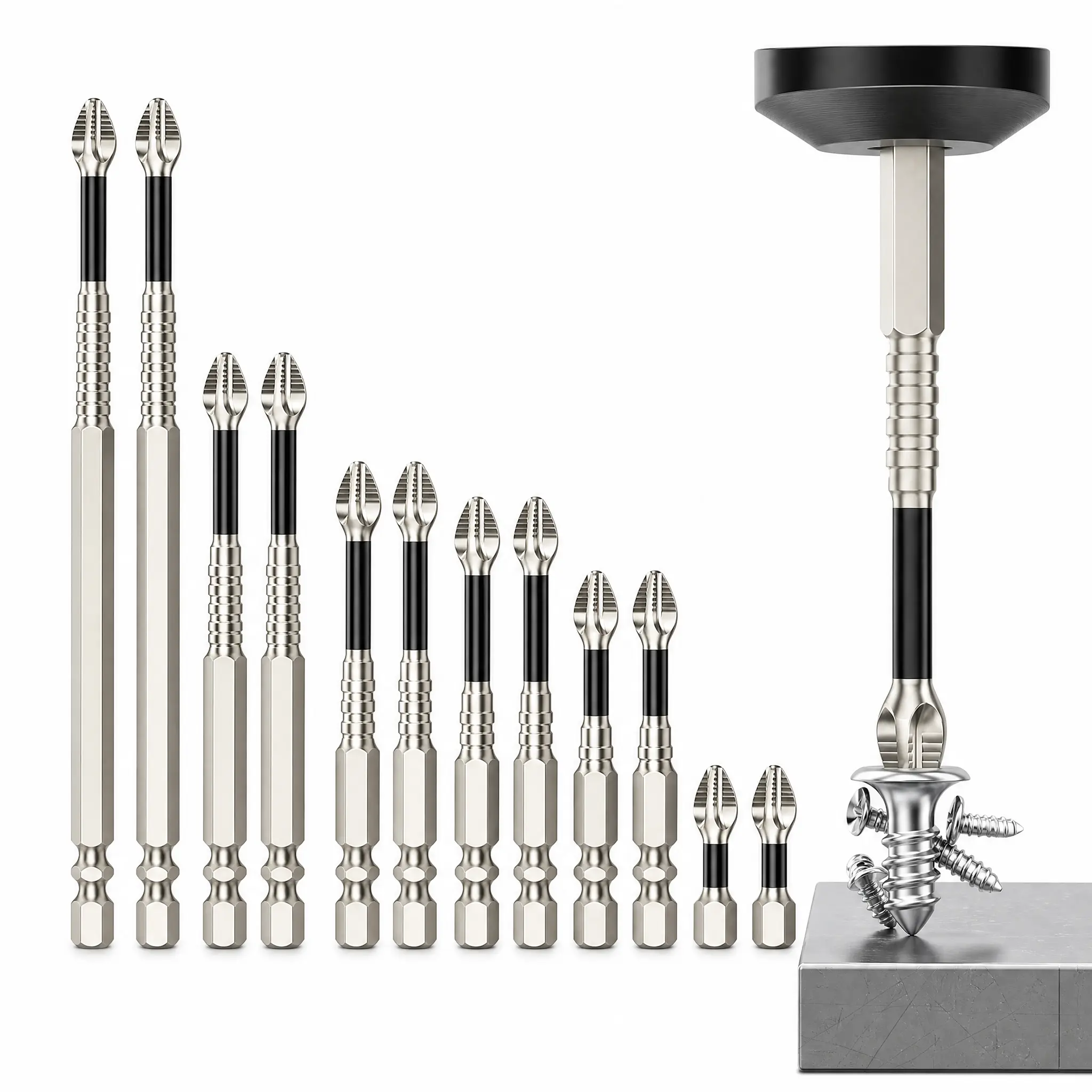 6/9PCS Magnetic Impact Driver Bit Set, S2 Steel Phillips Screwdriver Bits 25mm-150mm, 1/4 Inch Hex Shank Anti-Slip Power Bits for Drill and Electric Screwdriver Strong