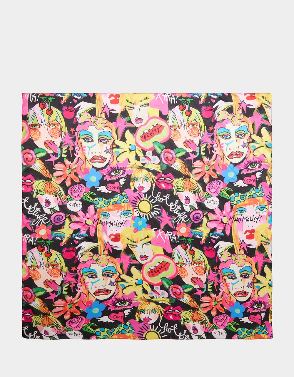 BETSEY'S ART SATINE SQUARE SCARF 35x35 BLACK MULTI
