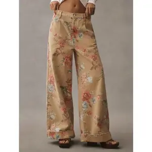 Women's Khaki Yellow Boho Floral Print Wide Leg Jeans with Double Rolled Hem & Front Zipper Closure Regular Fit Denim Bottoms for All Seasons Bohemian Trouser Pants Womenswear Maxi