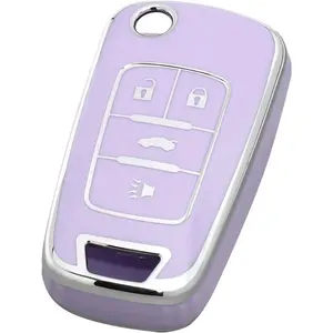 for Chevy Buick Key Fob Cover, TPU Key Fob Case Cover for Buick Encore Chevy Chevrolet Camaro Equinox Impala Sonic Trax GMC Terrain Flip 4 Buttons, Purple