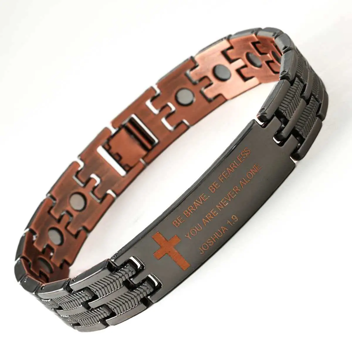 Men's Joshua 1:9 Copper Bangle with Cross Engraving - Adjustable Inspirational Faith Jewelry for Daily Casual Wear, Adjustable Bracelets, Male, Inspirational Cross, Joshua 1:9 Verse, Cross Engrave