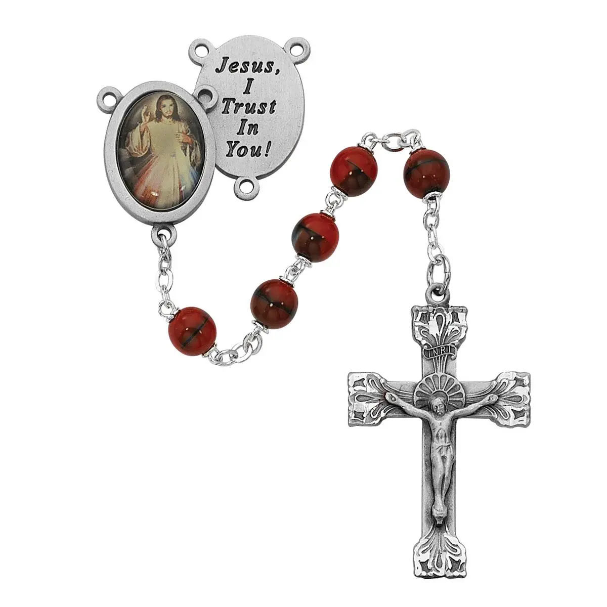 McVan R254DF 7 mm Divine Mercy Glass Rosary Set - Red & Black Traditional Beads, Rosary Chain, Elegant Religious Decor Gift for Daily Home Supplies, Box