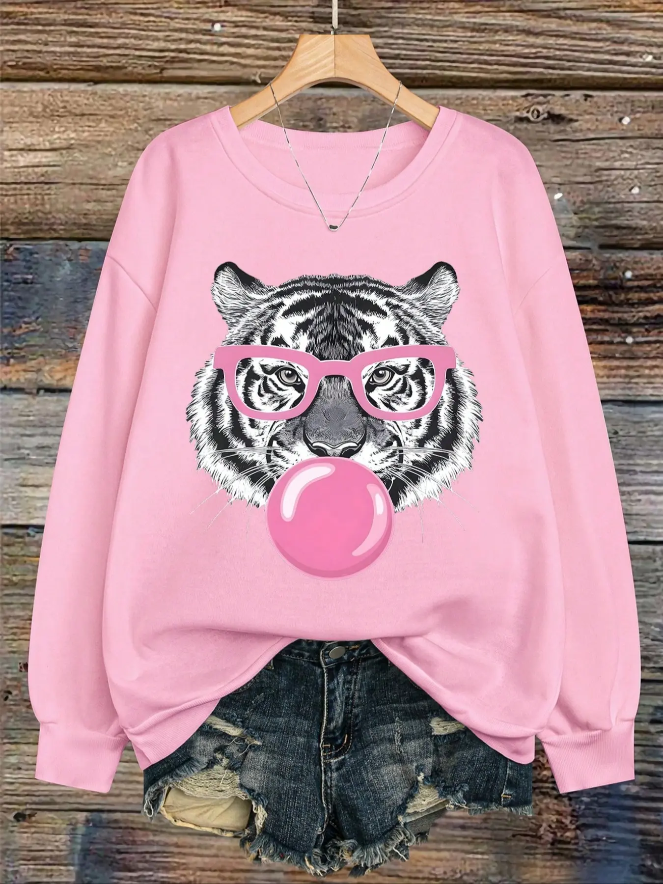 Bubblegum Glasses Tiger Graphic Letter Print Thick Knit Fleece Long Sleeve Round Neck Pullover Sweatshirt, Women Tops Fall & Winter Animal Print Vintage Retro Casual Fashion Holiday Hoodie