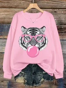 Bubblegum Glasses Tiger Graphic Letter Print Knit Fleece Pullover Sweatshirt, Fall & Winter Animal Print Retro Casual Holiday Hoodie