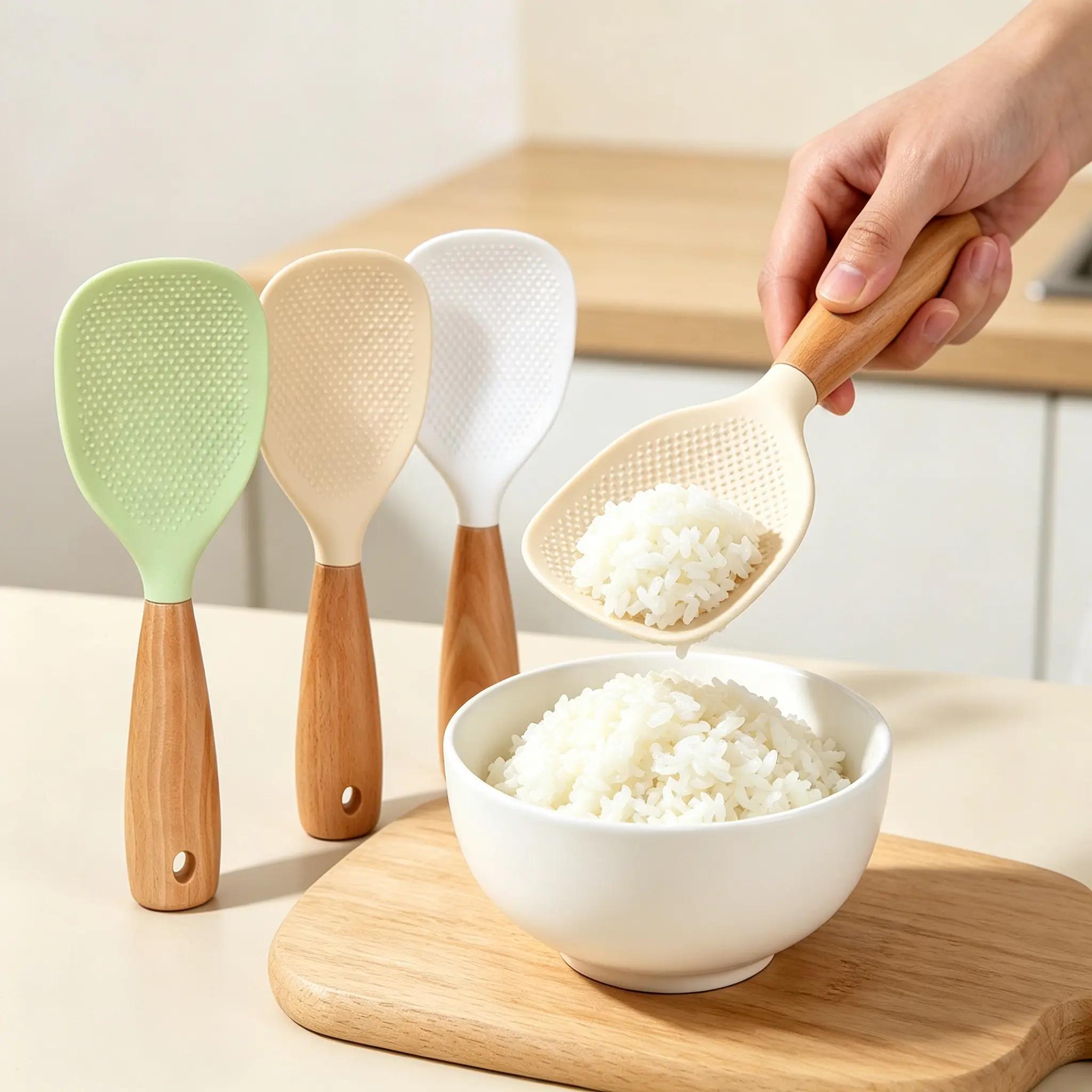 Reusable Silicone Solid Rice Spoon with Wooden Handle - Grip Cooking Spoon, Heat-Resistant Non-Stick Kitchen Utensil, Multifunction Tool for Rice Cookers & Nonstick Pans, Home Kitchen Use, Grip Cooking Spoons, Multifunction Cooking Spoons