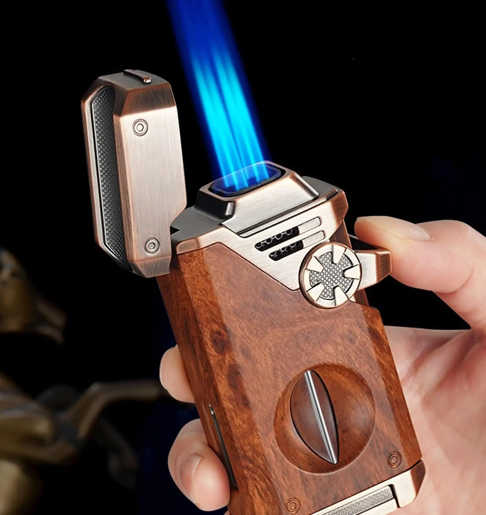5-in-1 Torch Lighter, Windproof 4 Jet Blue Flames, Adjustable and Refillable Butane Lighters, Gifts for Men (Fuel Not Included)