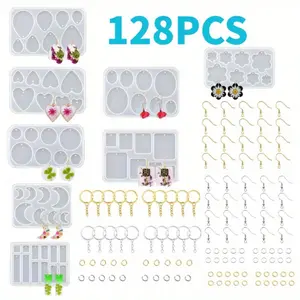 128 Pcs Resin Jewelry Molds, Multiple UV Resin Earring Mold with Holes, Basic Epoxy Keychain Kits Bundle Complete Set, Necklace Pendant Moldes para Resina Epoxica for Female