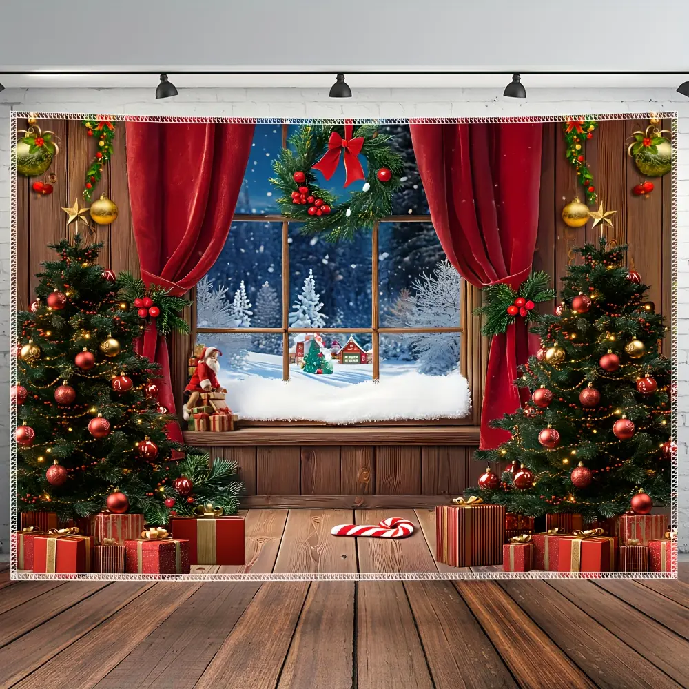 Large Size 3D Window Christmas Tree Tapestry - 1 Sheet Polyester Horizontal Weave Hanging Cloth, Scenery Themed Home Decor, Home Supplies for Indoor Living Room, No Installation Required, Indoors, Artificial Christmas Tree Tapestries
