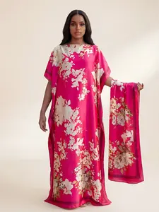 Elegant Floral Print Robe Set, Long Dress with Shawl Scarf Headband, Beach Sun Protection Lightweight Satin Silk, Women's Casual All Seasons, Fit, Summer