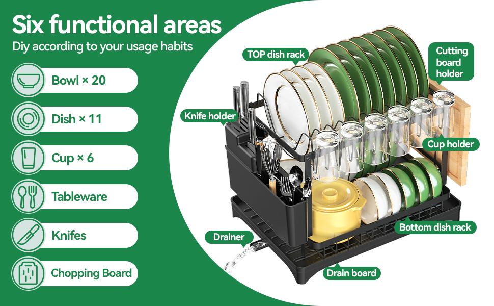 【Holiday Haul】Drying Rack Kitchen, 2 Tier Dish Drying Rack, Space-Saving Large Dish Racks for Kitchen Counter with Drainboard Extendable Spout Strainers & Utensil Holder and Knife Slots