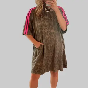 Dear-Lover Comfy Women's Casual Loose Varsity Mini Dress - Contrast Striped, Leopard Accent, Pockets, Round Neck, 95% Polyester 5% Elastane Shirt Dress, Casual Fashion Dresses, Poly Casual Dresses