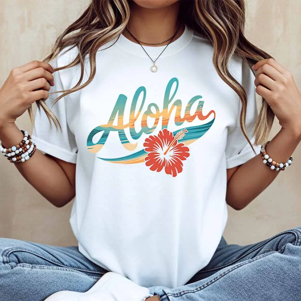 Aloha Flower Print T Shirt Women Casual Short Sleeve Round Neck Top Summer Beach Style Graphic Tee White