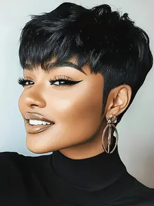 Straight Human Hair Wig for Women Pixie Cut Full Machine Made Wig 150% Density 6 Inch Wig Ideal for Daily Use and Special Occasions like Christmas and New Year Party Real Hair Wigs