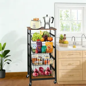 5-Tier Rolling Kitchen Cart with Pull-Out Baskets Wood Top Utility Organizer for Pantry Produce Snacks Vegetables Mobile Storage Cart on Wheels for Kitchen Home
