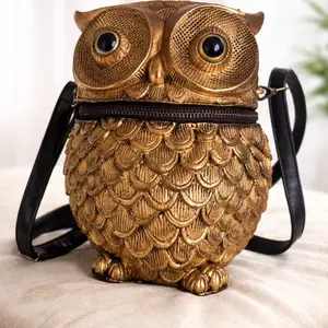 Women's Gold Round Owl Crossbody Shoulder Bag #3232 - Unique Compact Design, Detailed Texture, Functional Storage for Artistic Style, Crossbody Shoulder Bags