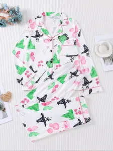 2 pieces of women's Halloween witch hat, green castle alarm clock, printed long sleeved pants, pajamas set, top pocket suitable for all seasons, comfortable, energetic, elegant and casual home wear