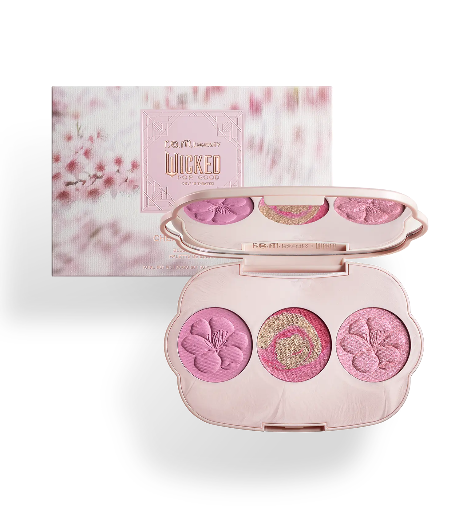 r.e.m. beauty x Wicked: For Good Cherry Blossom Blush Palette - pink and coral, soft floral look, buildable color, clean makeup