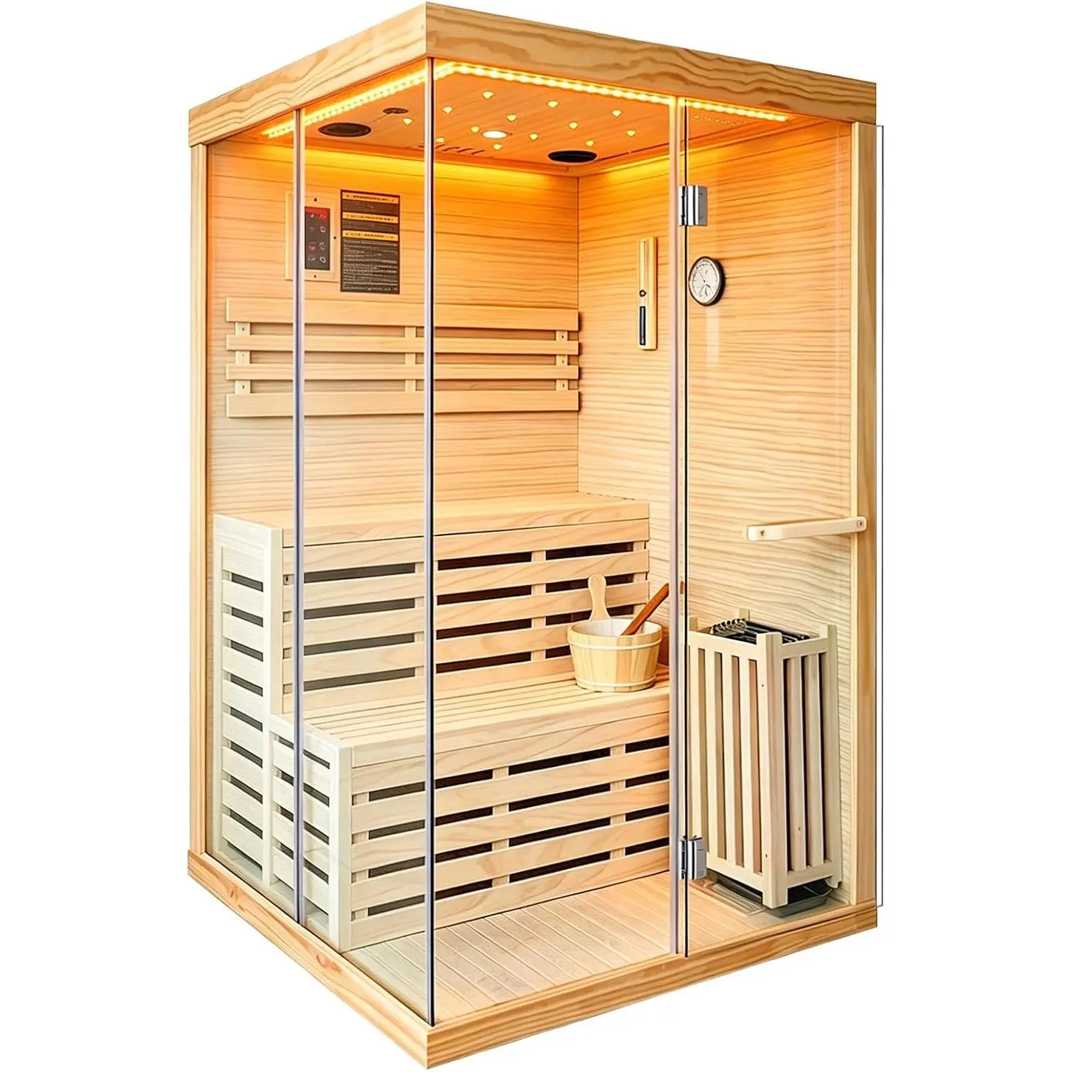 Steam Sauna, Traditional 2-4 Person Indoor Sauna with 3000W Stove Heater | Chilean Pine Wood Sauna Room with Wooden Barrel and Spoon, Sauna Stone, Hygrometer, Cup Holder, LED Lighting, Speaker