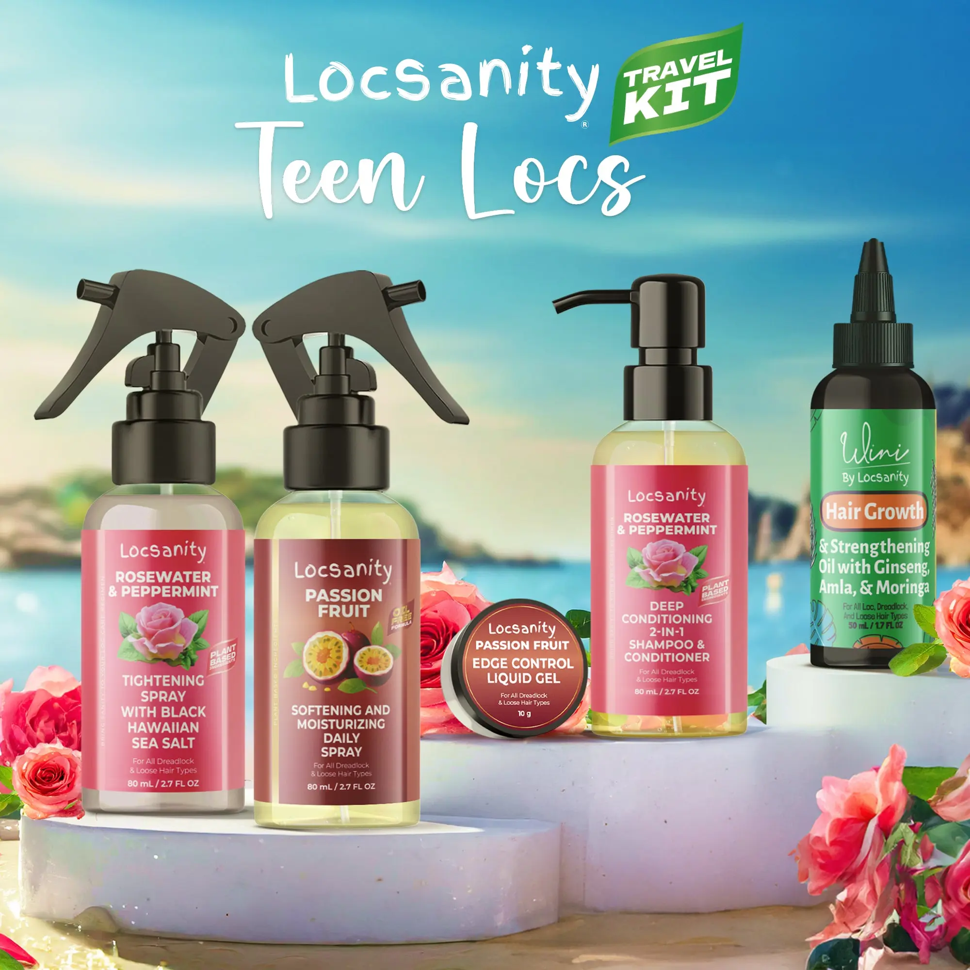 LOCSANITY Teen Haircare Travel Kit with Passionfruit & Peppermint - Conditioning & Cleansing Set with Moisturizer & Edge Control Gel for Locs, Braids & Natural Hair
