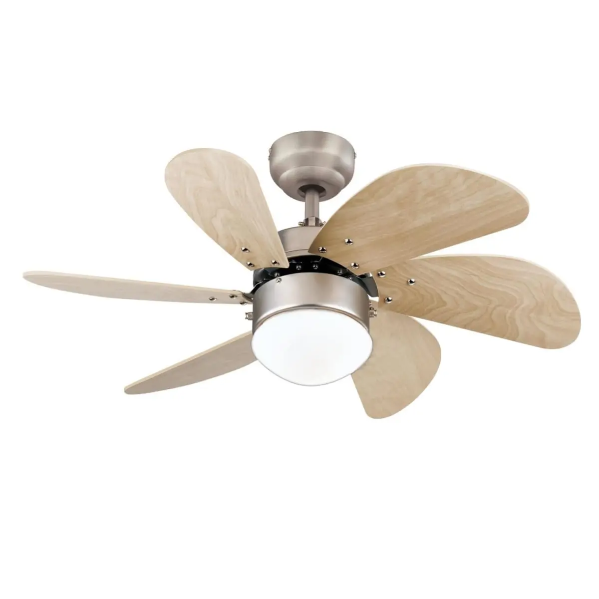 Westinghouse 6 Blade Ceiling Fan, 30 in., Brushed Aluminum Finish, Light Maple Blades, Opal Frosted Glass, 6 Blade Ceiling Fans