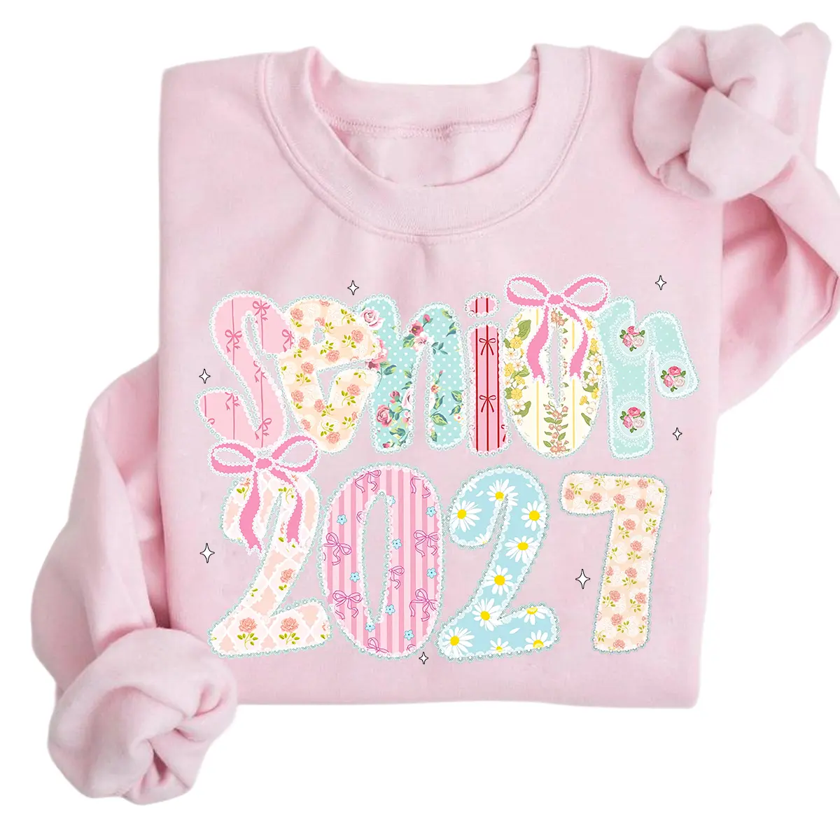 Senior 2027 Sweatshirt, Coquette Floral Patchwork Graphic Crewneck, Girly Bow Graduation Sweatshirt, Senior Year Gift