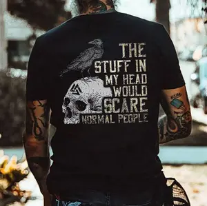 Gildan Men's Fitted Shortsleeve Cotton Graphic T-Shirt - Round Neck Menswear Top, Crow With Skull Print, "The Stuff in My Head Would Scare Normal People" Design, Casual Streetwear