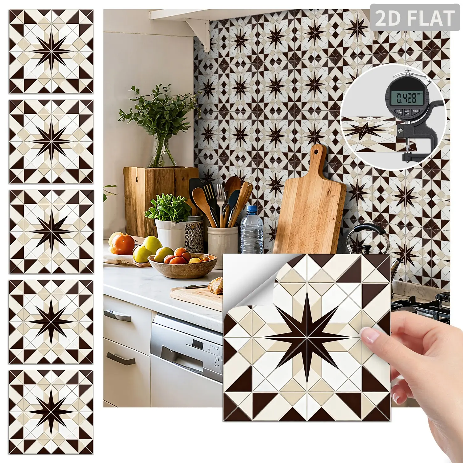 24PCS FHZ Dark Brown Octagon Star Geometric Vintage Tile Stickers PET Matte Peel and Stick Backsplash Waterproof Oil Proof Wall Decor for Kitchen Bathroom