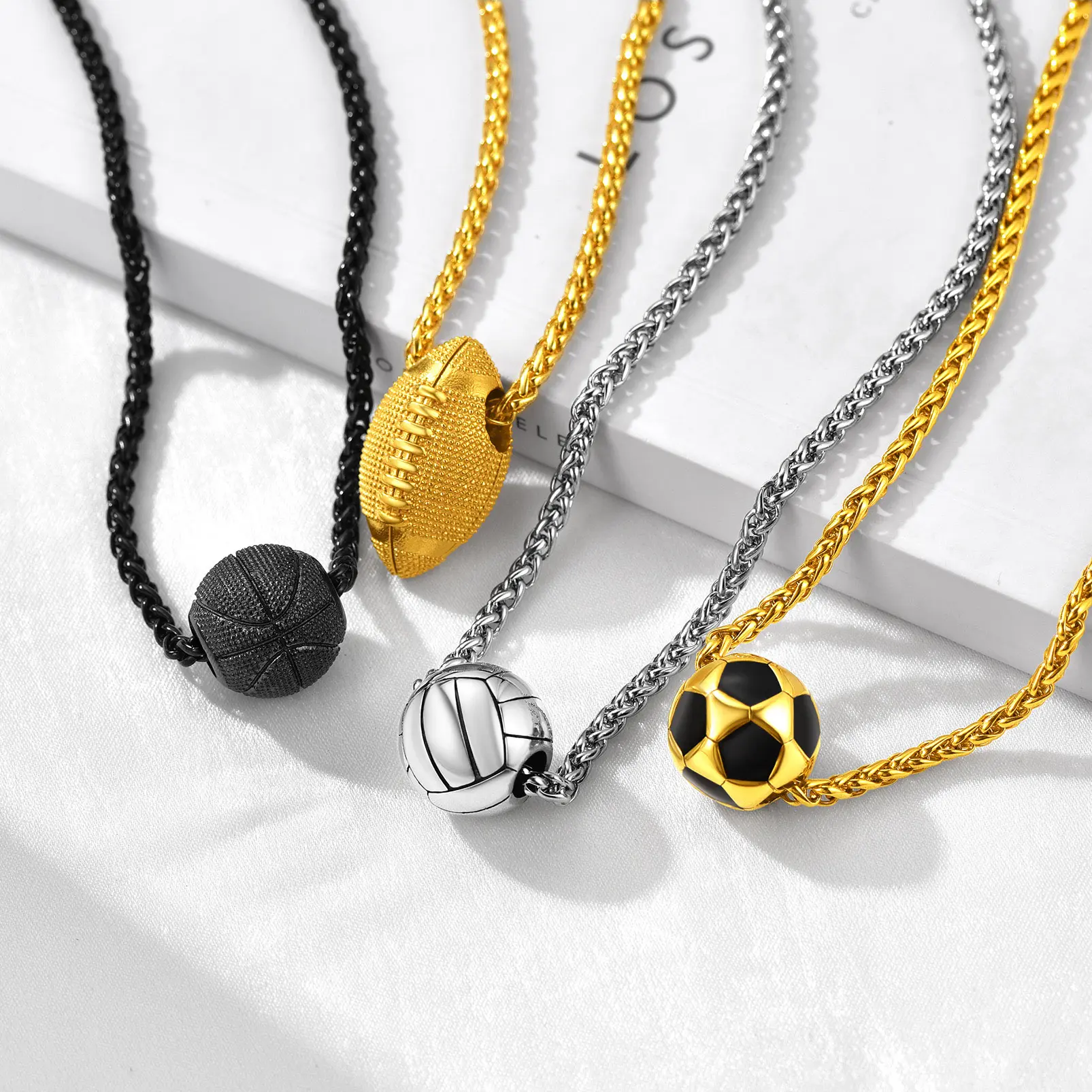 U7 Stainless Steel 3D Sports Necklaces - Soccer, Basketball, Volleyball, Football Designs, Unisex Daily Jewelry Accessories, Golden Great Gift-Giving Choice