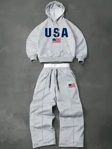 Men's Preppy Style Letter Graphic Two-piece Tracksuit Set, Streetwear, Sweatsuit Sets, Hooded Sweatshirt & Drawstring Trousers, Perfect for Fall and Winter