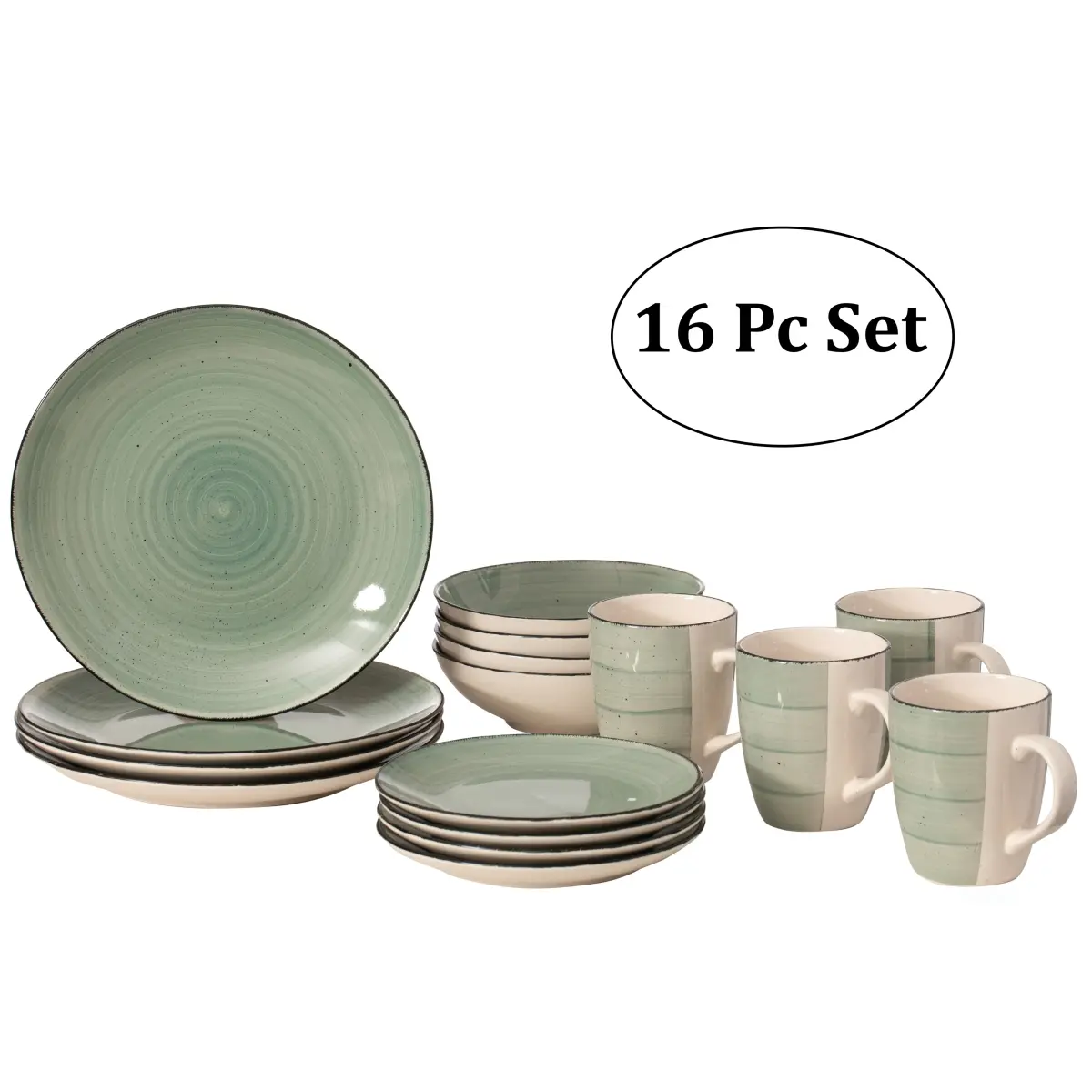 Ceramic 16-Piece Stylish Lightweight Tableware Set for 4 - Mugs, Salad Plates, Dinner Plates, Bowls, Chip & Crack Resistant, Dishwasher & Microwave Safe, Green