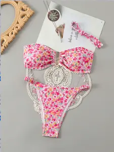 Sweet Floral Tie Back Halter Bikini Set, Vintage Vacation Style, Adjustable High Stretch Quick Dry, Beach Pool Party Women's Swimsuit, Bandeau Swim Top, Bandeau Bathing Top