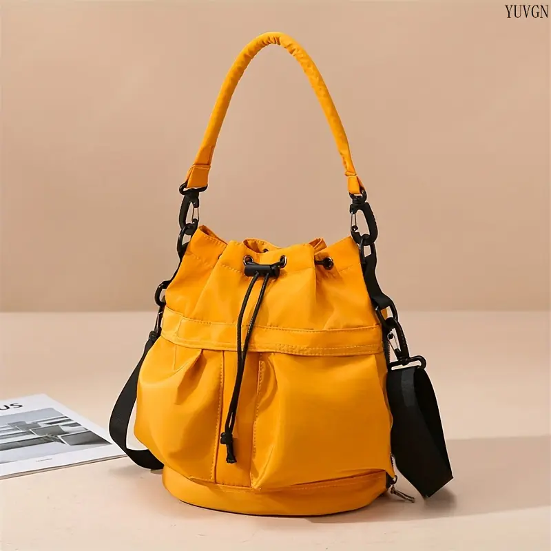 Women's Commuter Crossbody Bag, High-Capacity Nylon Barrel Drawstring Casual Shoulder Purse with an Adjustable Strap, Shoulder Strap Bag