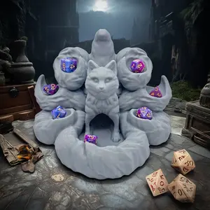 D&D Dice Game - Dice Set - Seven Tails Design  Front features a fox motif with black, gray, and purple exterior colors, paired with dual purple and blue dice. Tabletop game accessory, Dungeons & Dragons merchandise