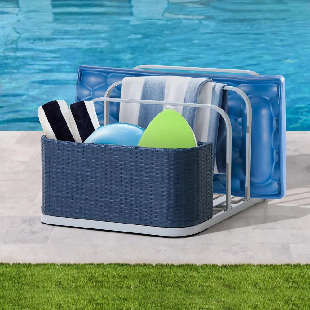 SUNJOY 35 Inch Rust-proof Wicker Pool Float Storage Rack for Floaties - Navy