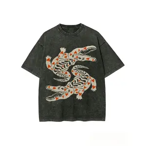 Washed, Heart-shaped Crocodile Print T-shirt, High-quality Batik Retro Fashion Brand T-shirt, Unisex T-shirt, Casual Attire T-shirt, Holiday Gift, Perfect Present.