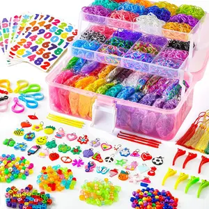 17500+ Rubber Loom Bands with 3 Layer Pink/Blue/Transparent/Purple Container, 28 Colors, 600 S-Clips, 352 Beads, 40 Cartoon Pendant, Bracelet Making Refill Kit