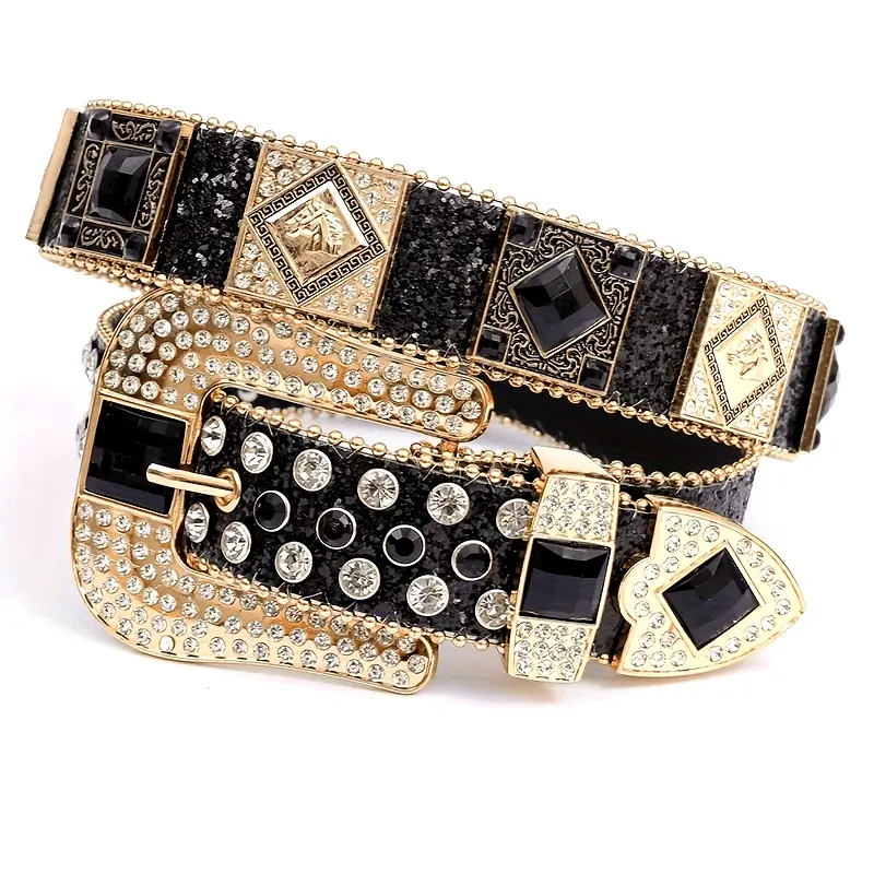Y2K Streetwear Rhinestone Hip Hop Belt for Women Real Leather Top Grain PU Black Bling Buckle Waist Chain Accessory Rust Resistant Metal Buckles Adjustable Ratchet Mechanism