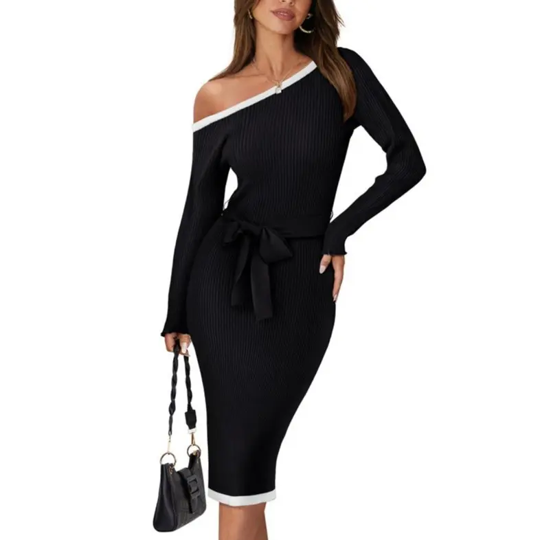 Grace Karin Women's 2026 Fall Sweater Dress One Shoulder Long Sleeve Ribbed Knit Tie Waist Casual Bodycon Midi Dresses