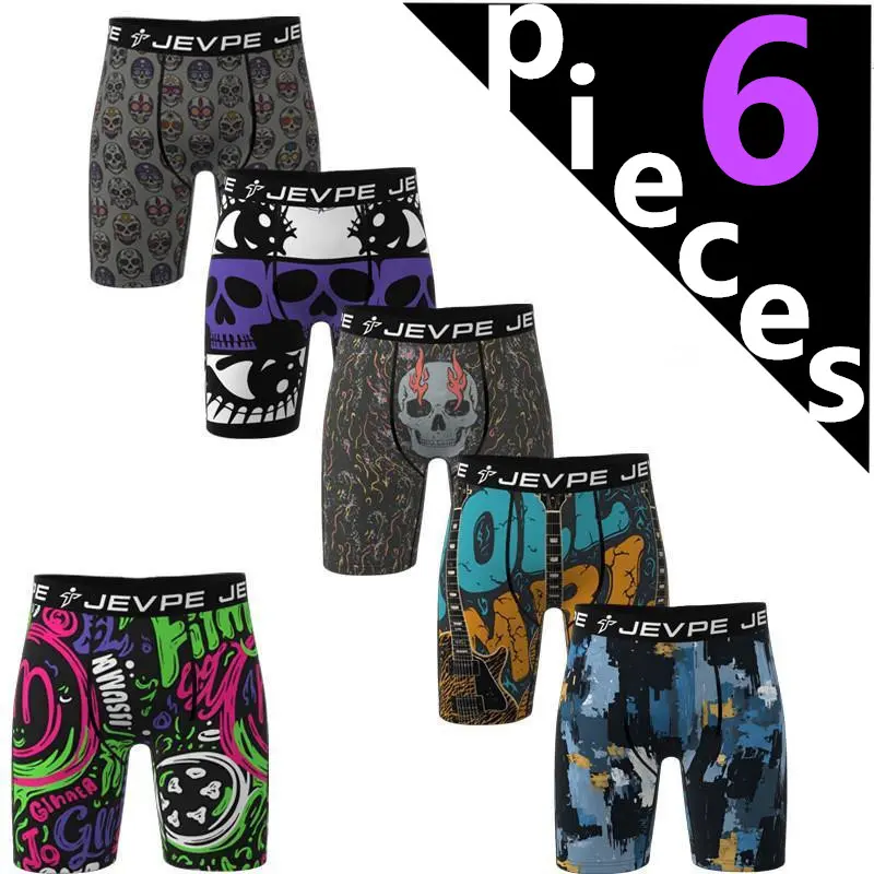 JEVPE Men's 6-Piece Graphic Long Boxer Briefs - Menswear Fashion All-Over Print Athletic Undergarments, Breathable Fabric, Multicolor, Comfy for Daily Wear & All Seasons