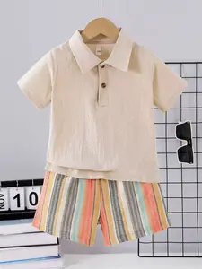 Boys' Summer New Solid Color Collar Button Polo Shirt, Short Sleeve Colorful Vertical Stripes, Casual Outdoor Wear, 2 Pieces Set