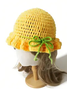 Unisex Ruffled Bucket Hat, Cute Plain Knit Cap with Bow, Stretch Fit, All-Seasons Accessory, Fisherman Hat, Versatile Floral Vase Cover
