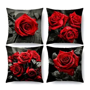 4pcs Glam Style Red Rose Floral Print Throw Pillow Covers, Polyester Zipper Closure Cushion Cases for Various Room Types, Decorative Pillows, Valentine'S Day Decor, Home Textile