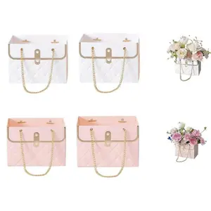 Flower Paper Gift Box, 4PCS Bouquet Storage Bucket Paper Flower Handbag Boxes with Metal Chain Flower Bags for Bouquets Wedding Bridal Shower Mother's Day Flower Graduation Supplies, Black& White