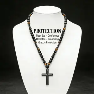 Bohemian Style Protection Cross Pendant Necklaces for Men & Women, Natural Tiger Eye & Hematite Energy Beads, Daily Wear & Formal Events Charm, Versatile Jewelry, Adjustable Chain Long Chain Meaningful Birthday Anniversary Gift for Him/Her
